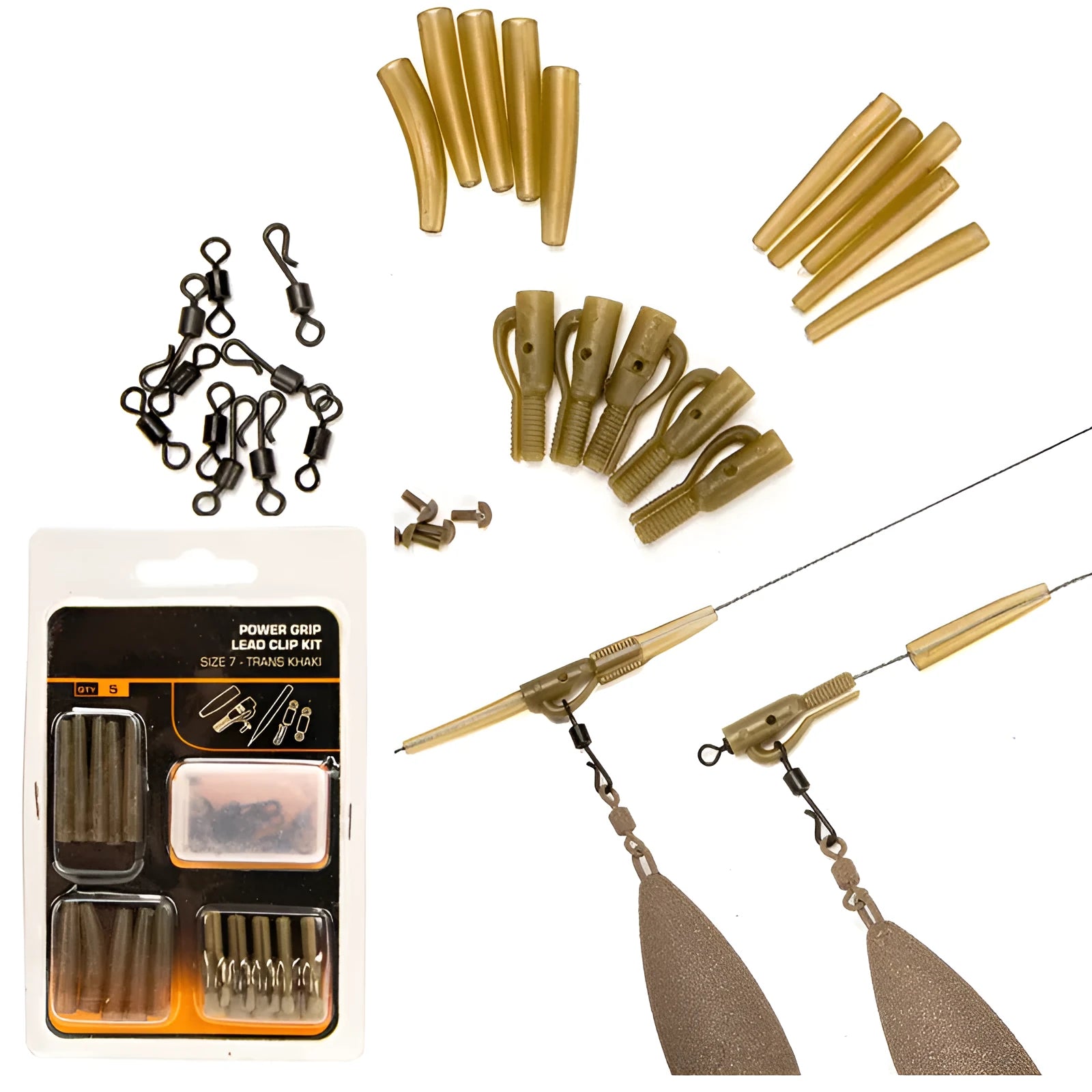 European carp fishing accessory set with 30 pieces including tubes, hoses, and screws on a blue background.
