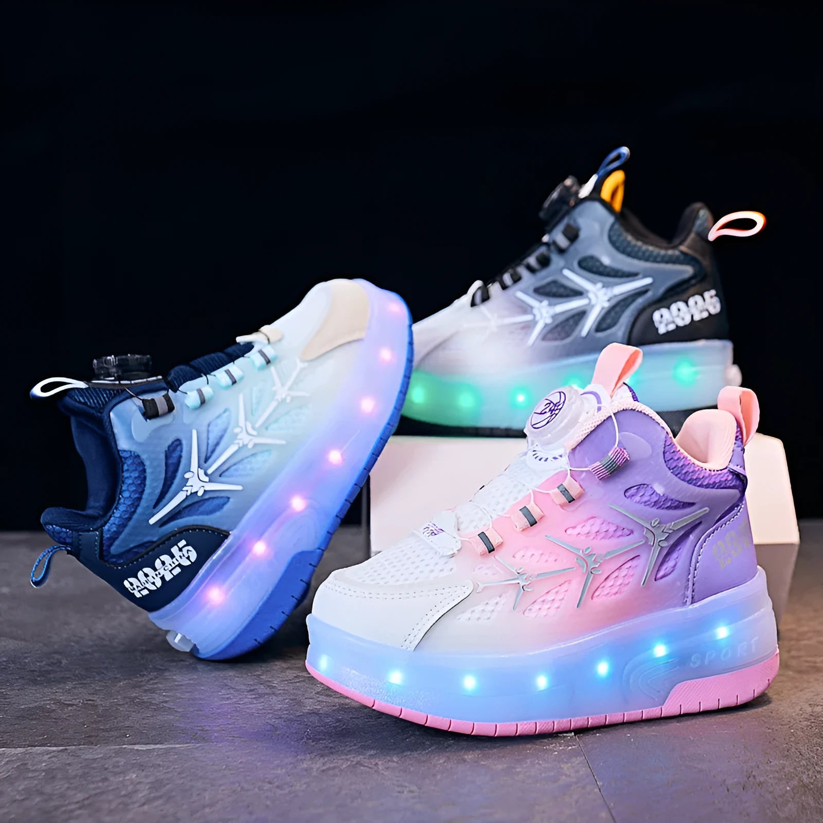 Children's black flash knob roller skating shoes with rotating adjustment mechanism and PVC sole