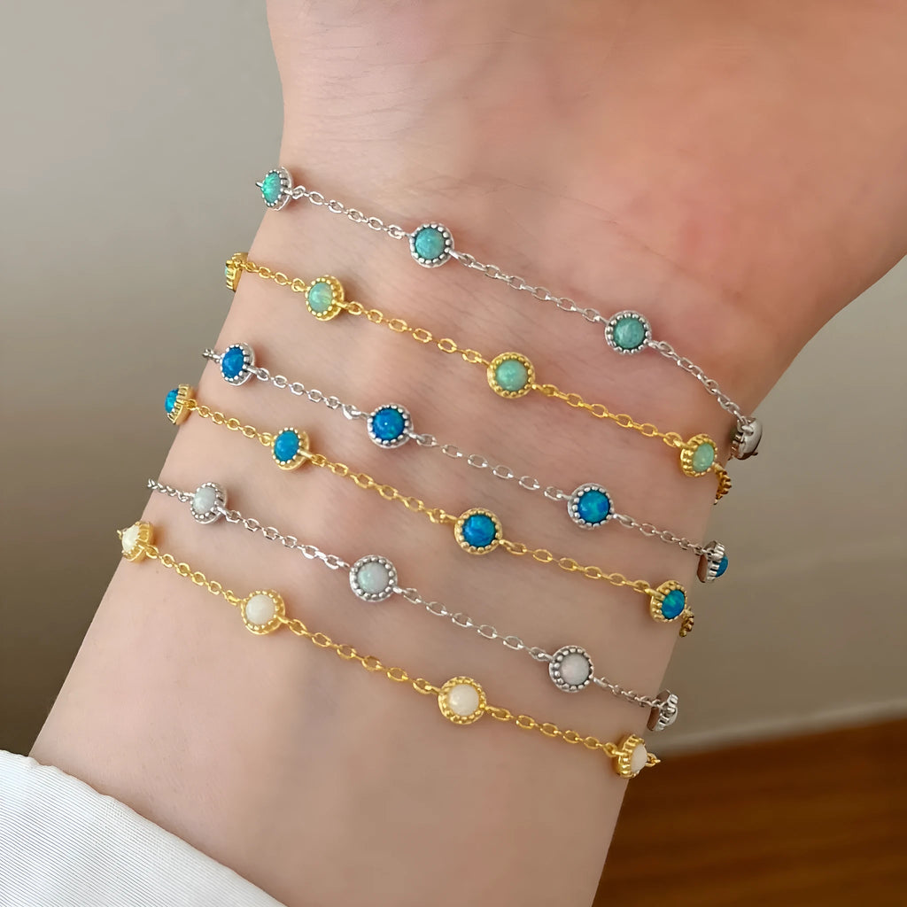 S925 sterling silver geometric round link opal bracelet for women, simple Japanese Korean style, multiple colour options