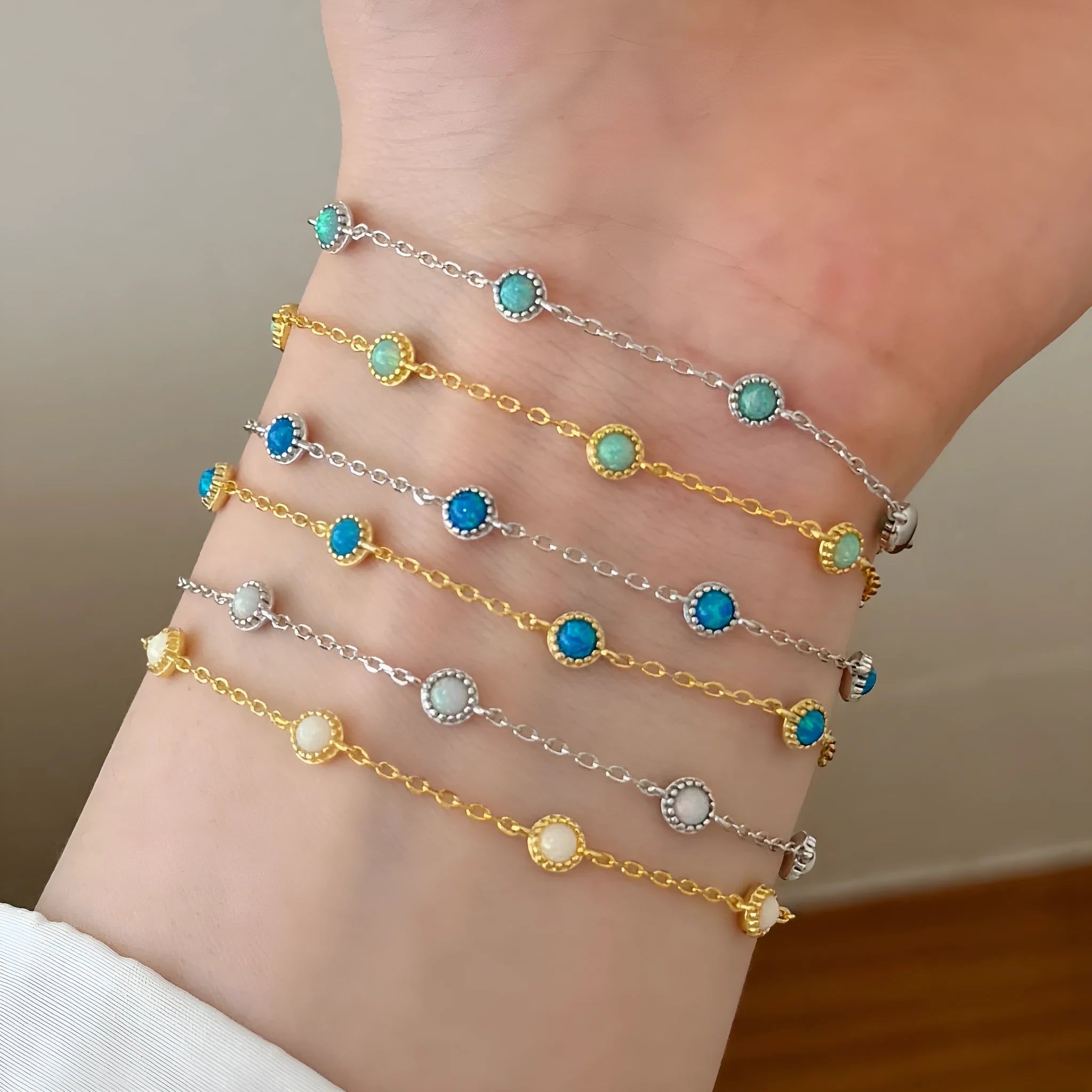 S925 sterling silver geometric round link opal bracelet for women, simple Japanese Korean style, multiple colour options