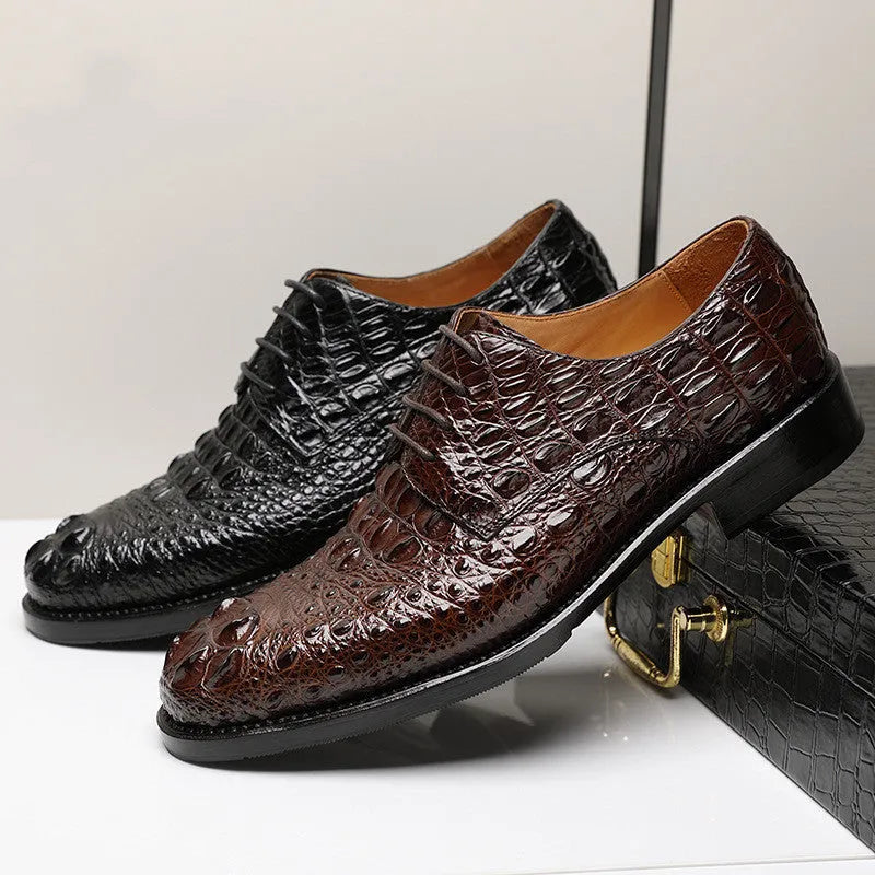 Handmade men's crocodile leather formal shoes in black, round toe, low-top, genuine leather sole