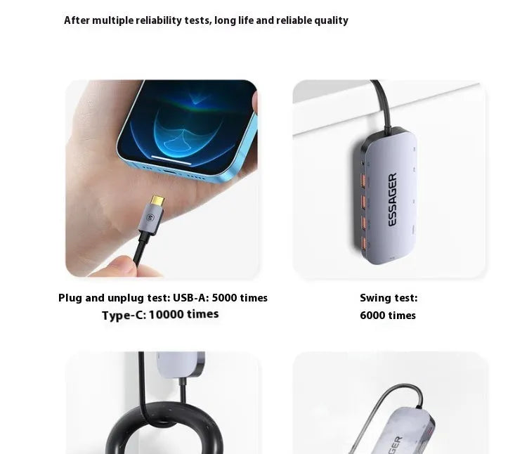 Grey aluminium 11-in-1 USB-C expansion dock hub with attached cable, showing multiple ports including HDMI, VGA, Ethernet, and USB.