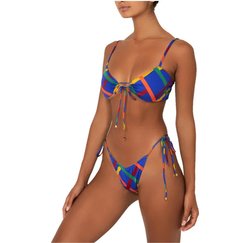 Nylon glossy bikini set in solid colour with drawstring waist and triangle top, available in multiple sizes and colours