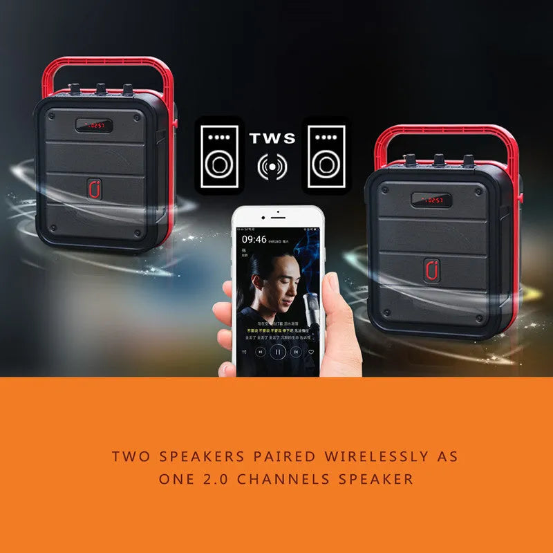 MS62AI portable Bluetooth speaker with wireless microphone on a table.