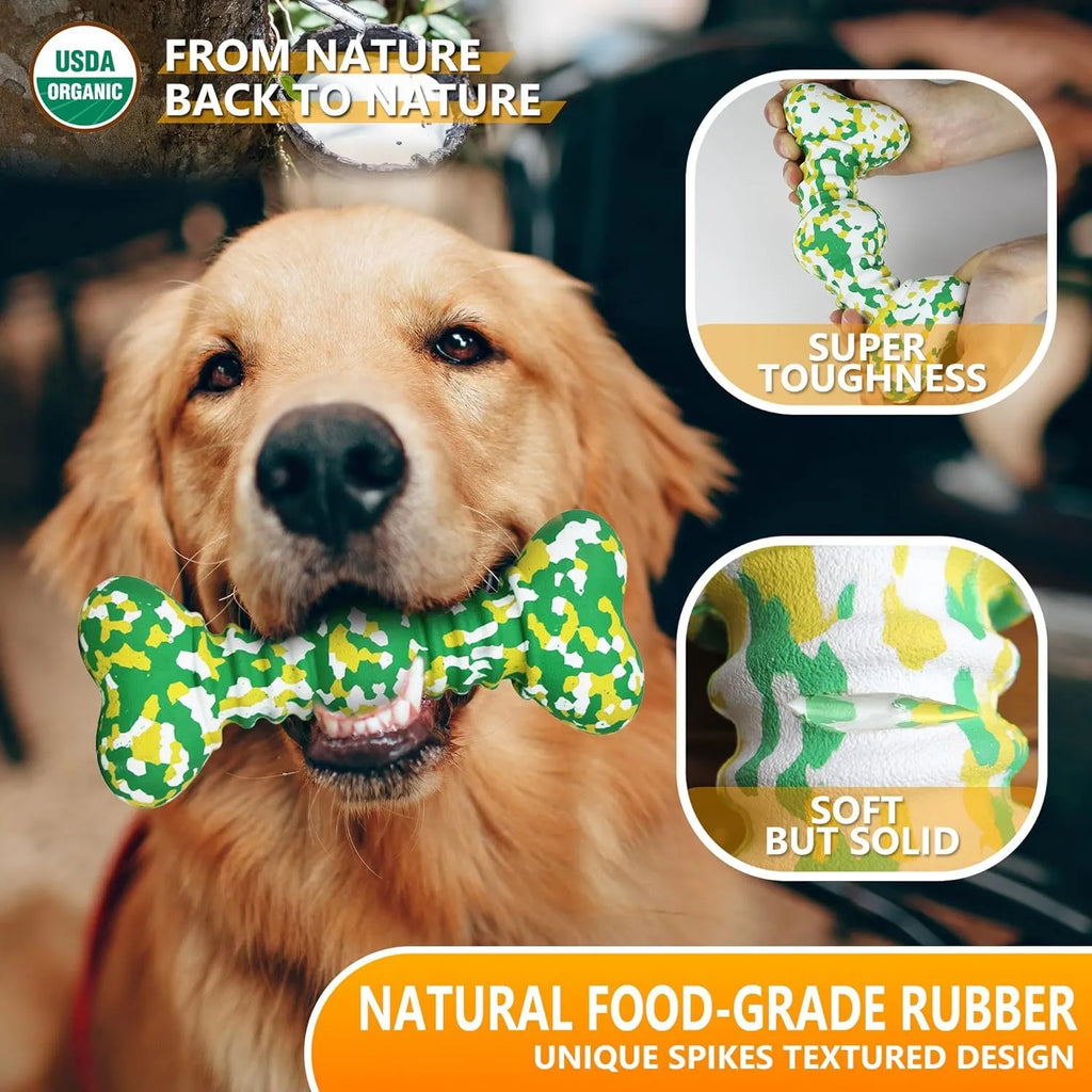 Organic natural rubber dog chew toy in camouflage colours for large breeds and aggressive chewers.