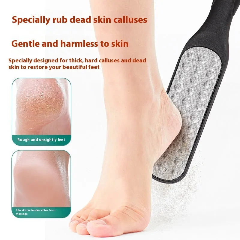 Stainless steel foot file with handle and two double-sided sandpaper pads for callus removal.