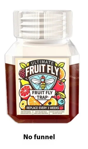 Bottle of fruit fly bait liquid with optional funnel component on a kitchen worktop.
