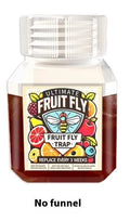 Bottle of fruit fly bait liquid with optional funnel component on a kitchen worktop.