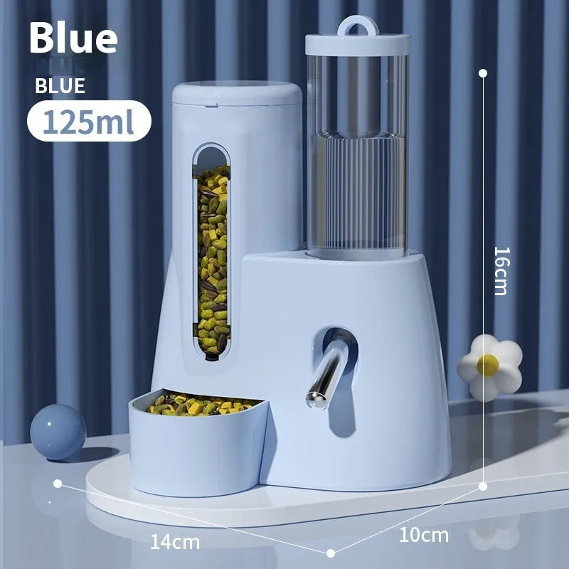 White, blue, and pink hamster automatic drinking water feeder and food basin for cage use.