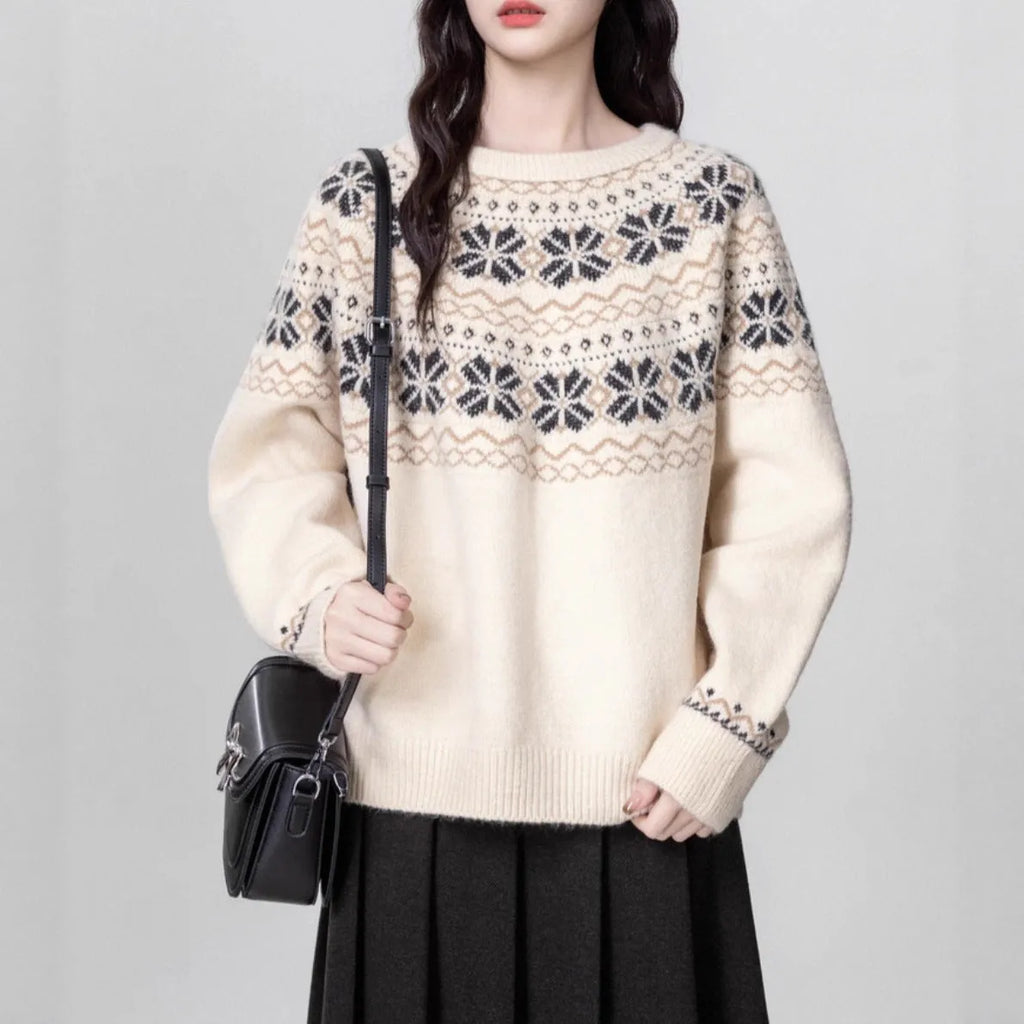 Women's milky white vintage Fair Isle geometric pattern pullover sweater with a loose fit and crew neck.
