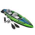 Inflatable two person kayak with PVC hull, double seat, air pump and paddle, 180kg capacity