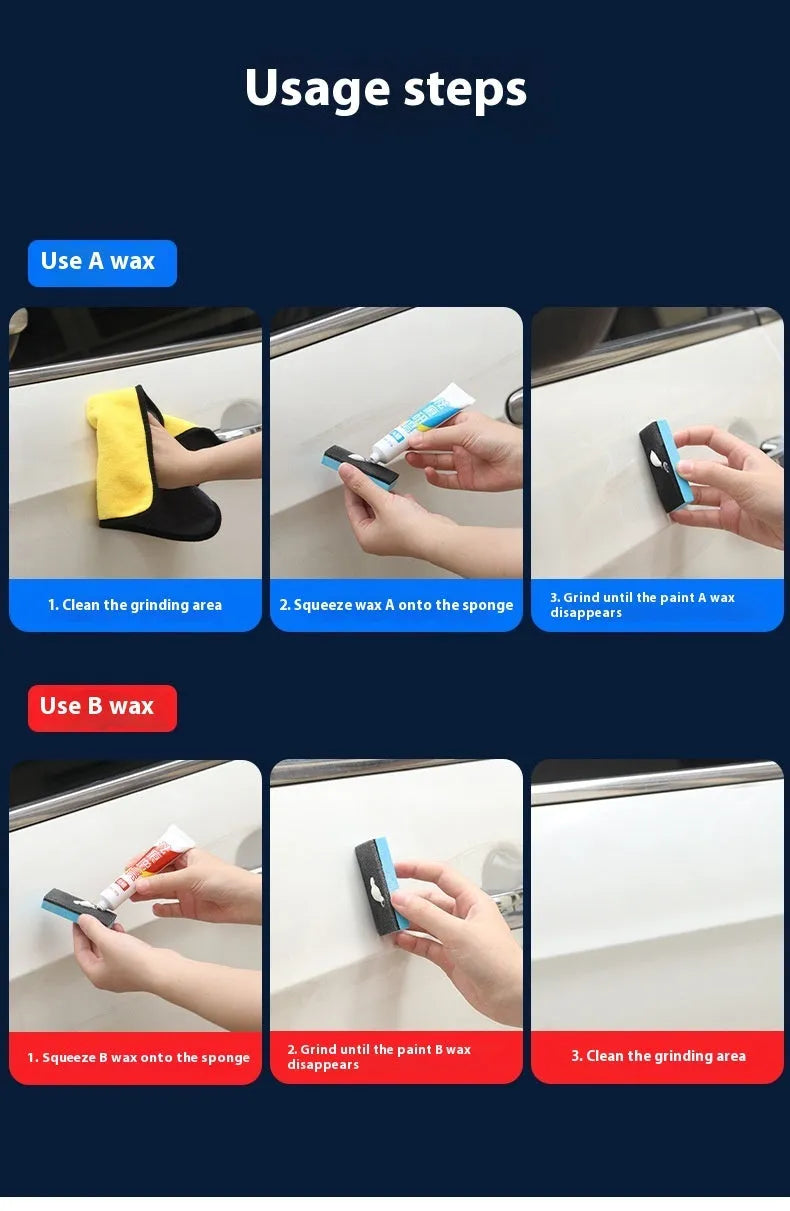 Car repair wax kit with 9657A and 9657B bottles and a frosted sponge mop for scratch removal and polishing