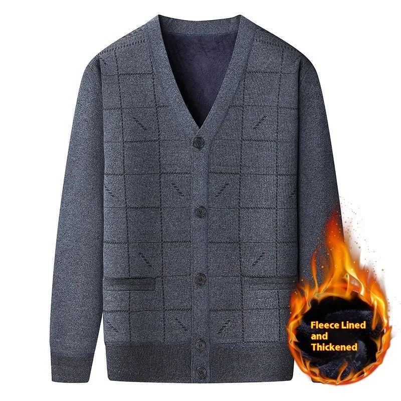 Middle-aged man wearing grey batwing sleeve cardigan with velvet lining for autumn winter casual wear