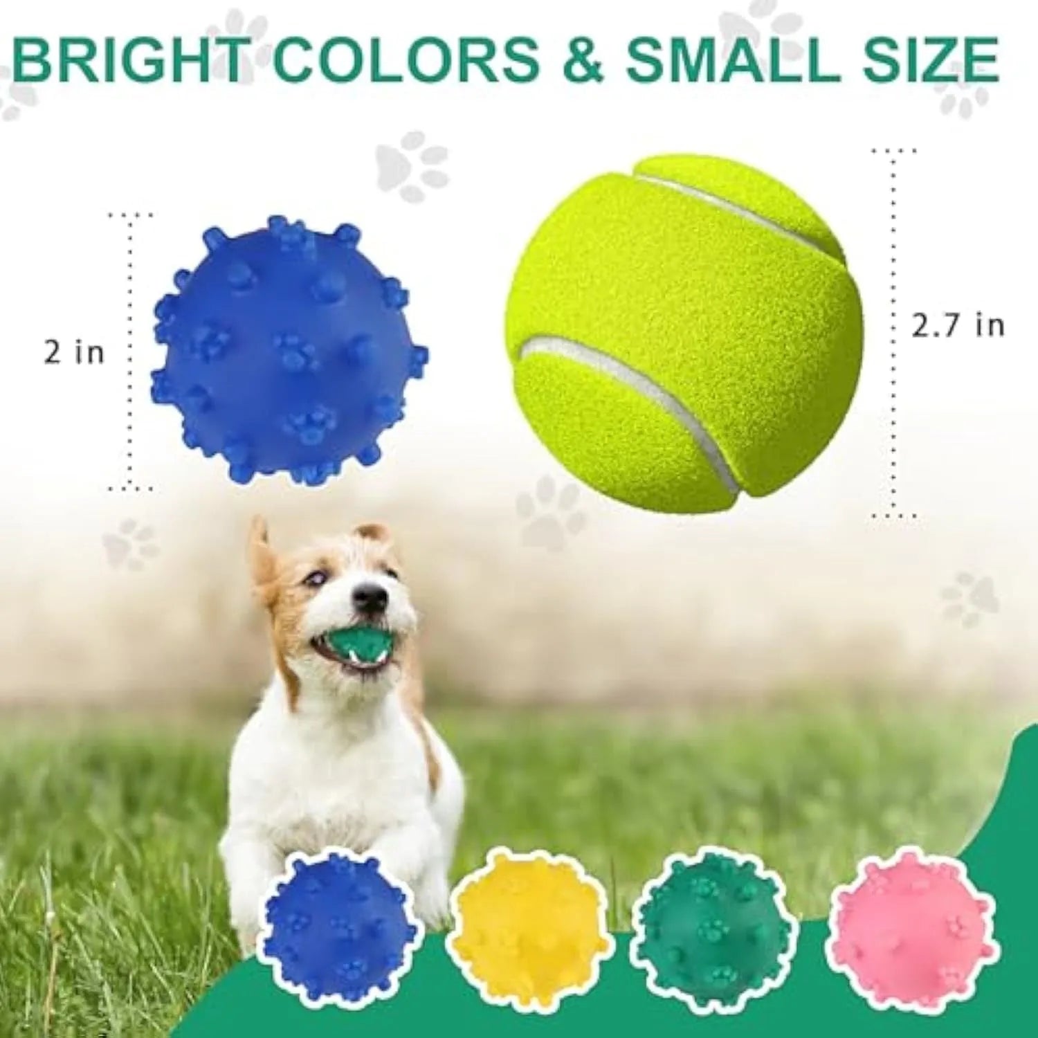 Bright blue, green, pink, and yellow spiked squeaky dog toy balls on a grass lawn.