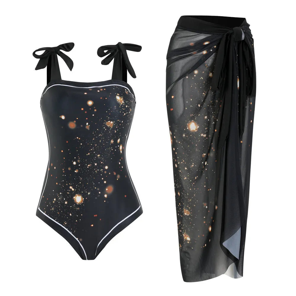Multicolour floral print one-piece swimsuit with mesh tube top and attached skirt for swimming