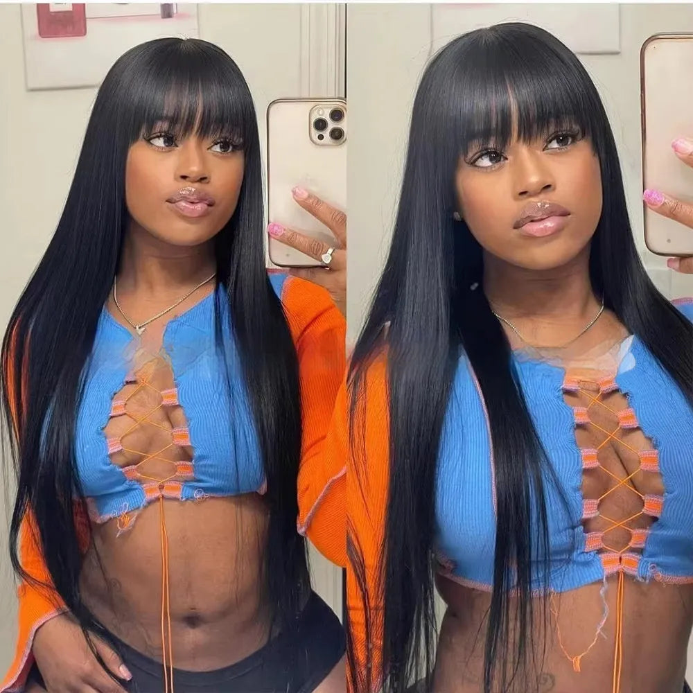 Natural colour straight fringe human hair wig with full-mechanism headgear on a wig stand