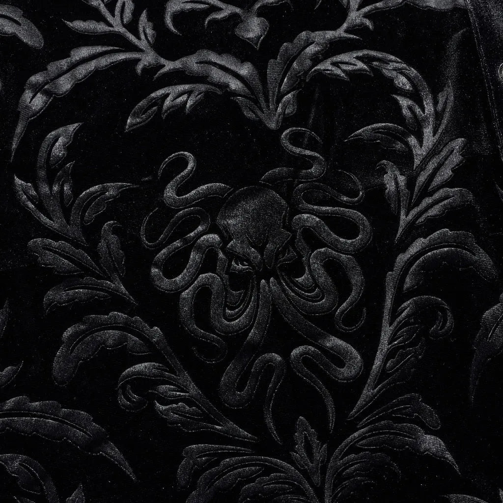 Black Gothic style velvet men's shirt with pointed collar, long sleeves, and decorative printing details