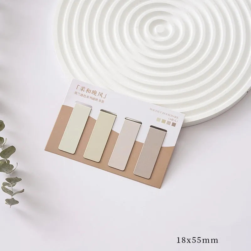 Four magnetic Morandi colour block bookmarks showing soft evening breeze, Lanshan breeze, gentle twilight, and quiet distance colours