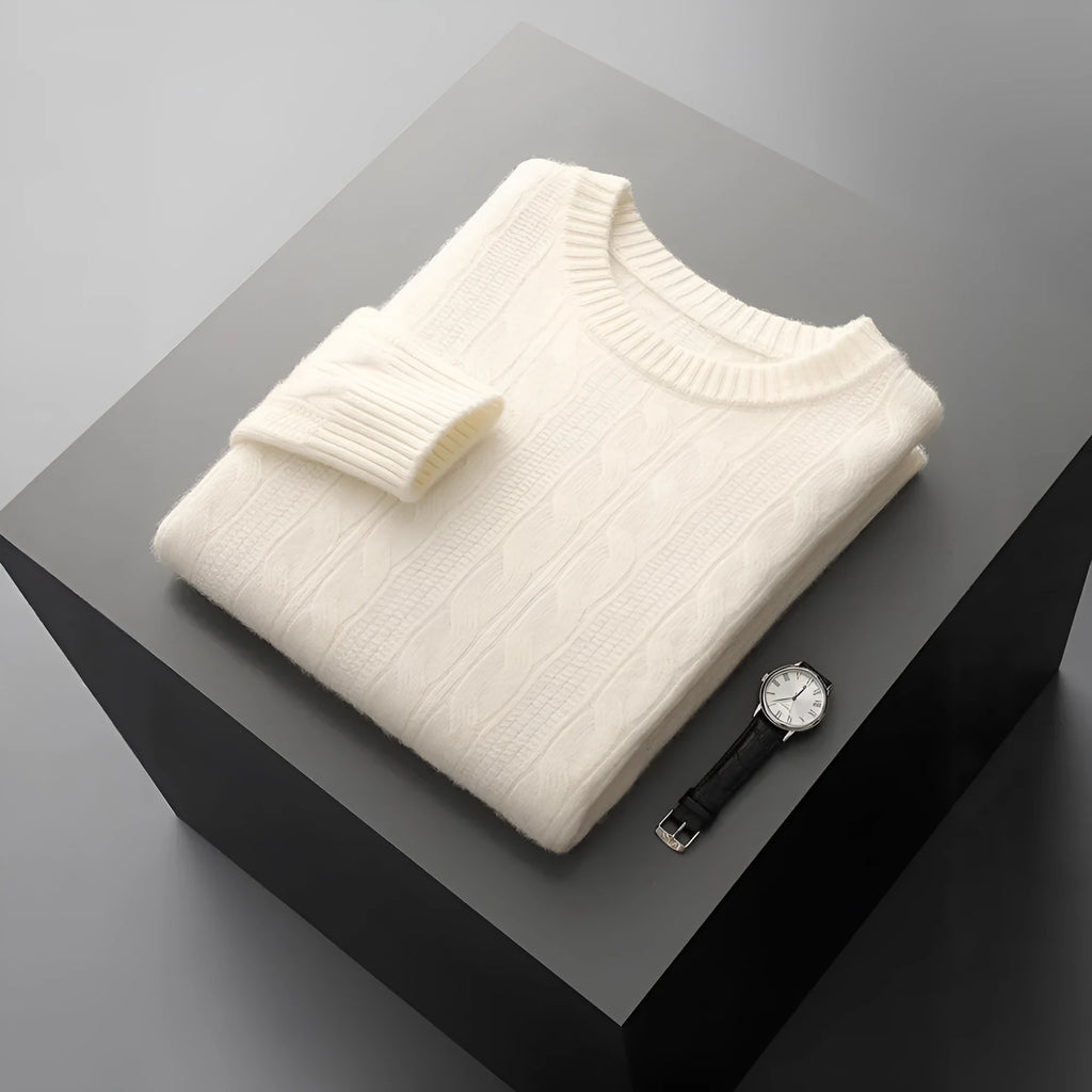 Men's double-strand thickened jacquard knitted sweater in raw velvet camel, loose fit pullover with long sleeves and textured knit pattern.