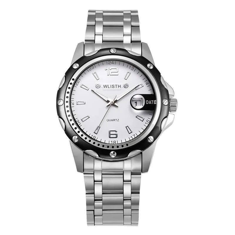 Men's waterproof calendar quartz watch with black dial and steel bracelet, 11mm thick, date display window at three o'clock