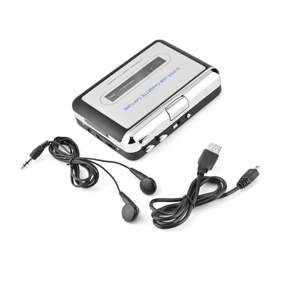 Silver USB cassette tape to MP3 digital converter unit with USB cable on a white background.