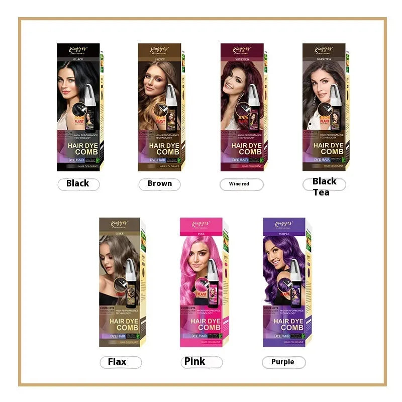 Hair dye comb kit showing 200ml tube with integrated comb applicator in dark brown, wine red or brown shade options