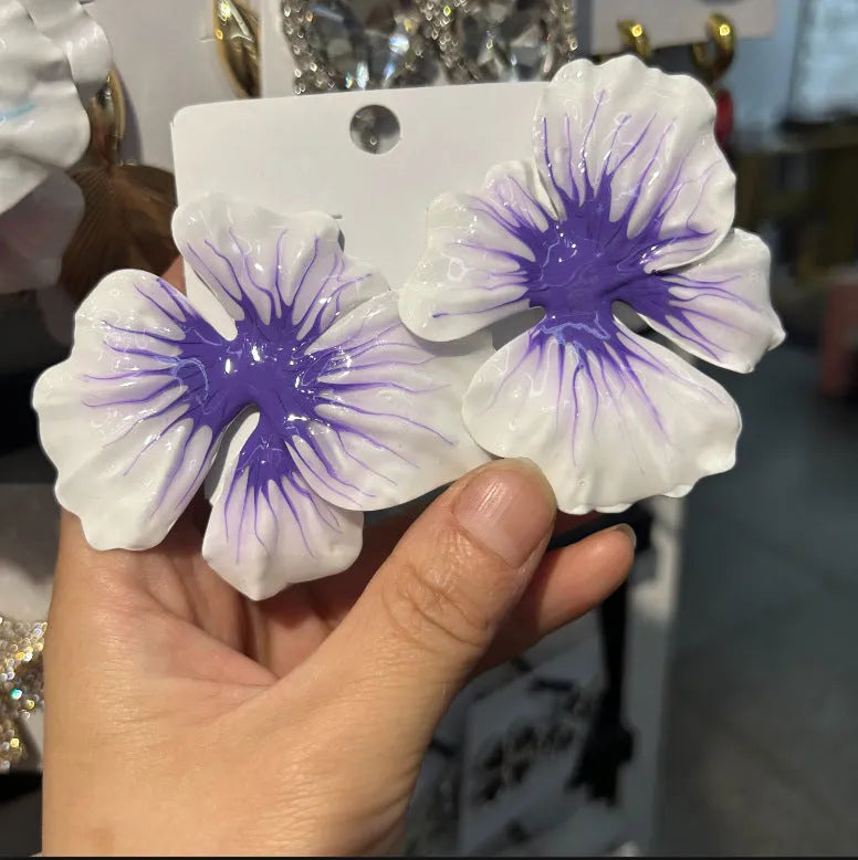 Alloy stud earrings with oil-spot glaze floral designs in pastoral style