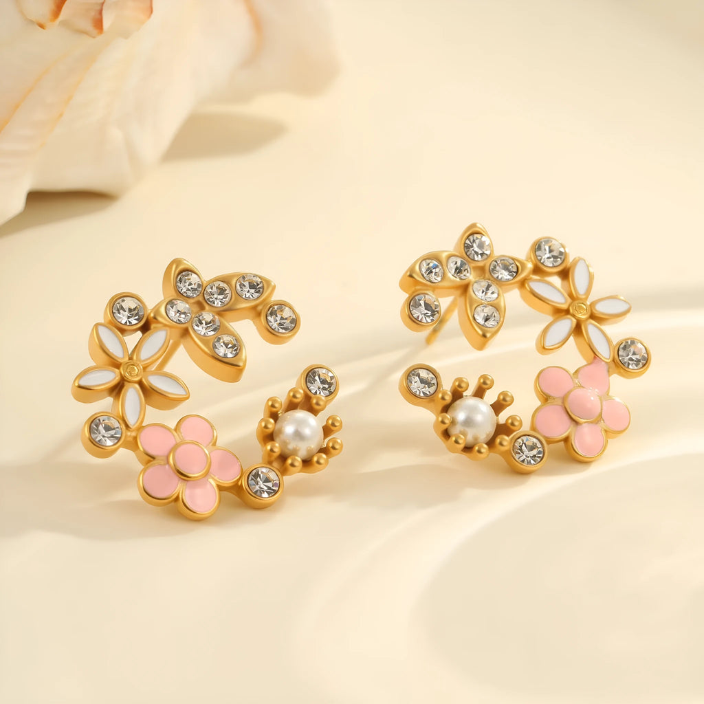 Flower stud earrings with colourful electroplated petals on gold-plated stainless steel