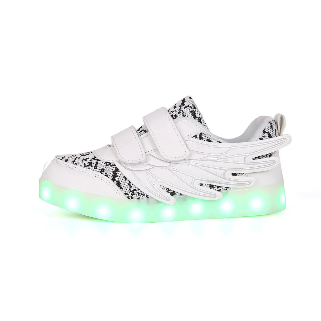 Children's plum red and white LED light-up sneakers with USB charging port on the side.