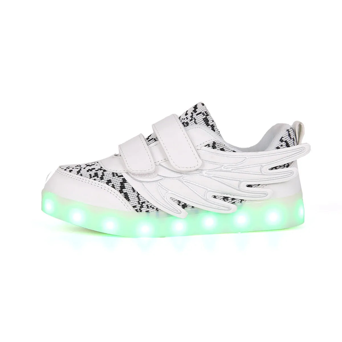 Children's plum red and white LED light-up sneakers with USB charging port on the side.