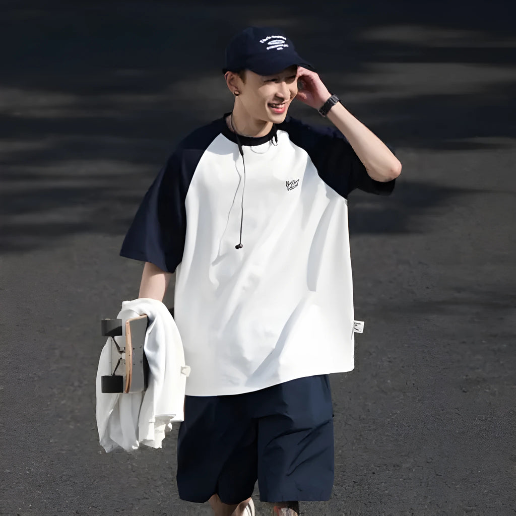 Japanese junior raglan sleeve t-shirt for men in blue, green, or grey with loose pullover style