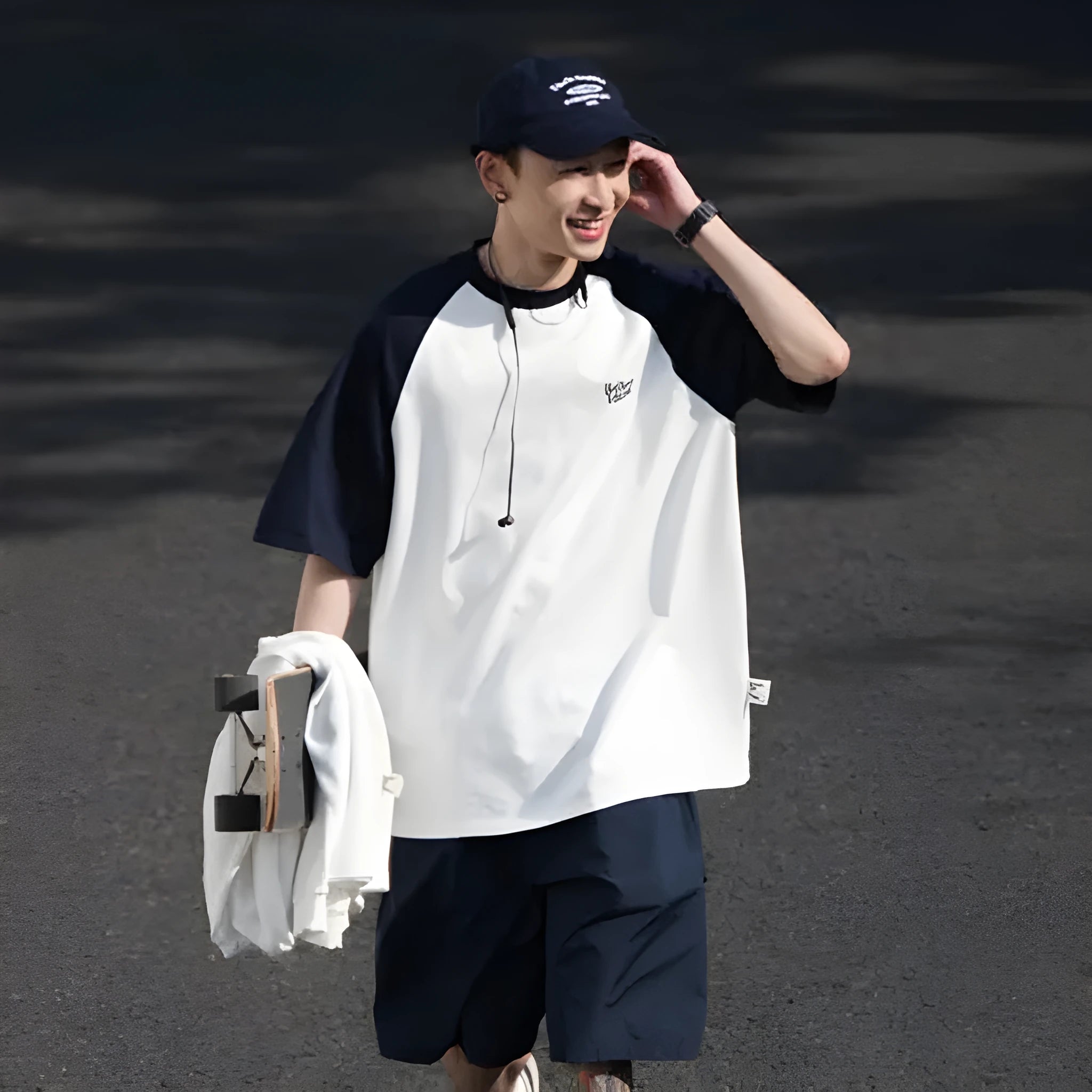 Japanese junior raglan sleeve t-shirt for men in blue, green, or grey with loose pullover style