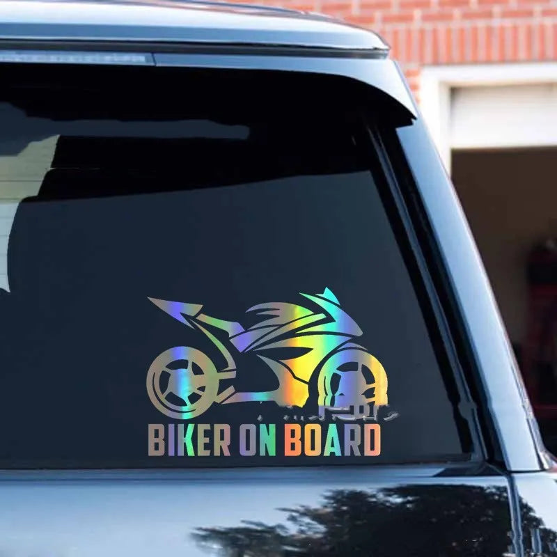 Motorcycle reflective safety sticker in PET material showing colour options and size dimensions