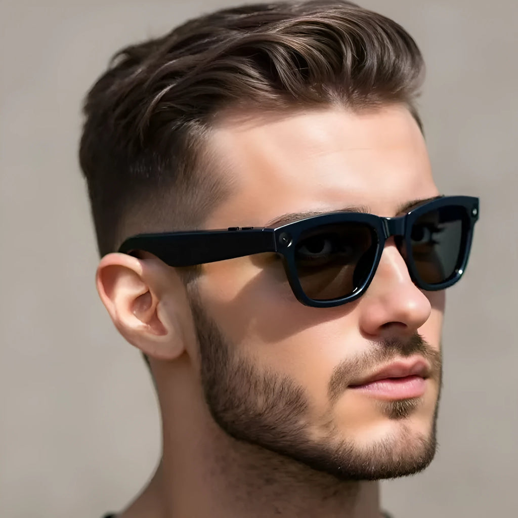 M01 HD camera AI translation smart glasses with black lenses on a head-mounted frame.