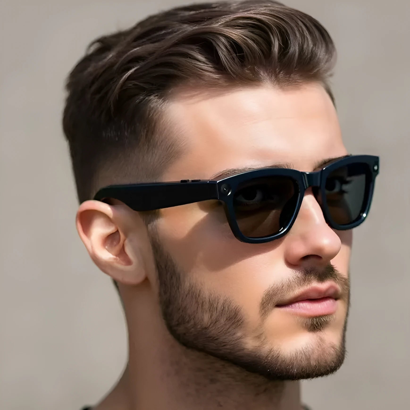 M01 HD camera AI translation smart glasses with black lenses on a head-mounted frame.