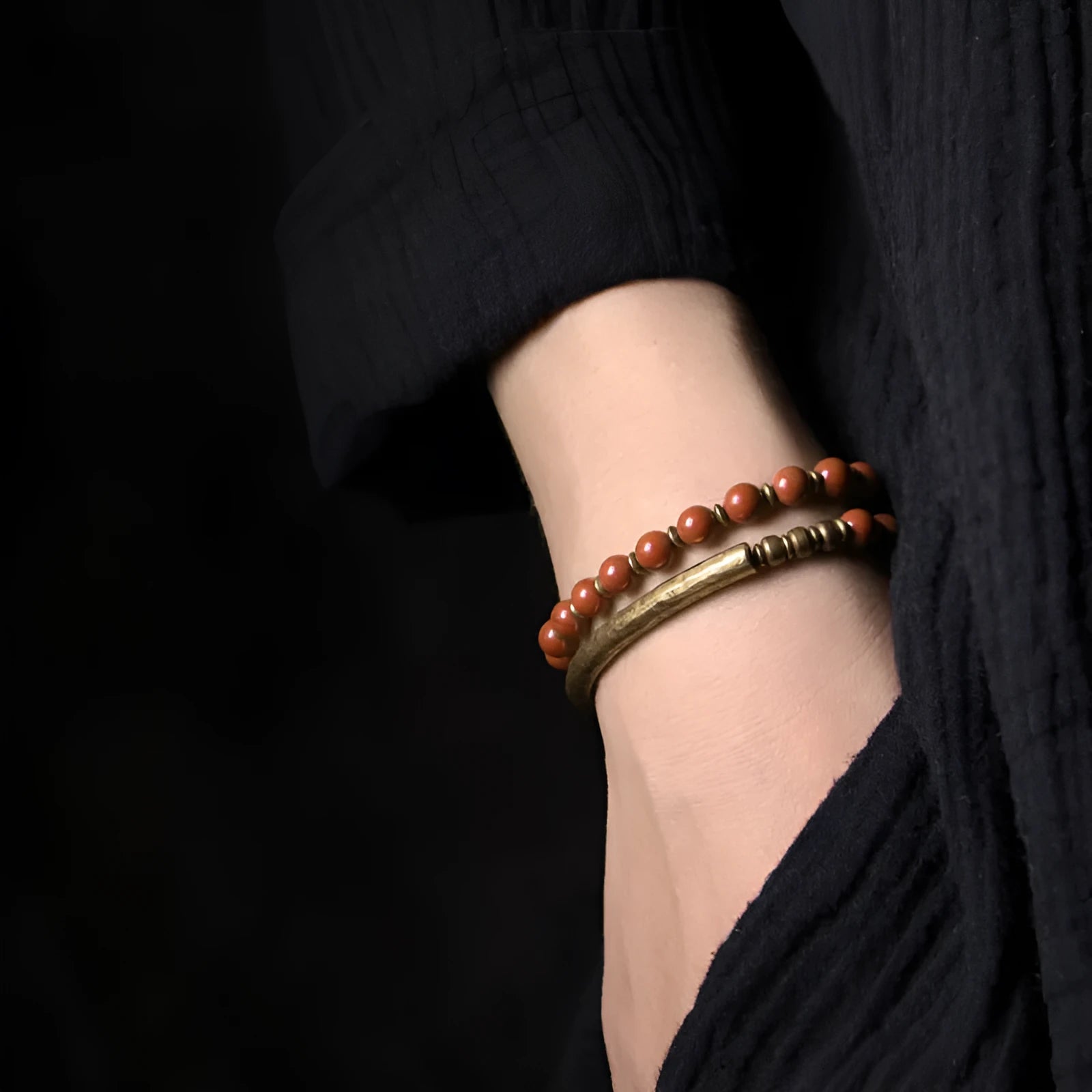 Layered retro ethnic bracelet with water plants agate, red stone, and brass components in unisex design