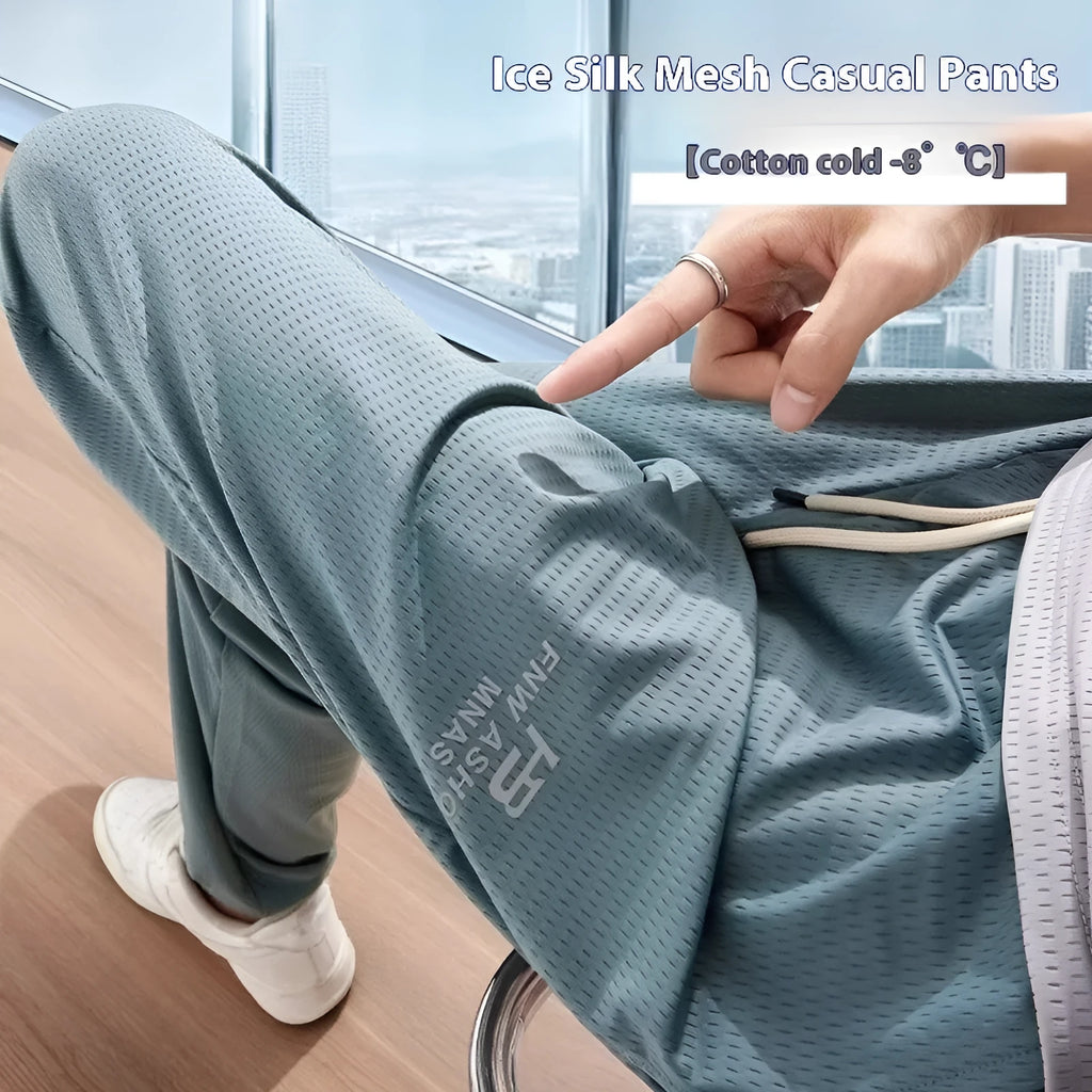 Men's thin grey ice silk casual trousers with a loose straight-leg fit and ankle-tied detail.