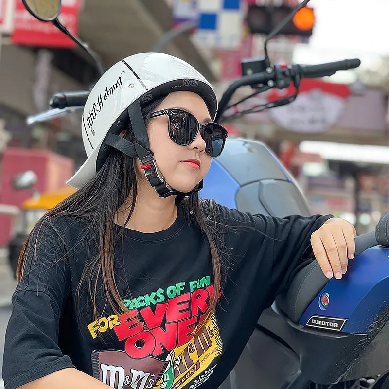 Retro ABS motorcycle helmet in Bright Black Cement Grey, available in multiple sizes for women and general riders