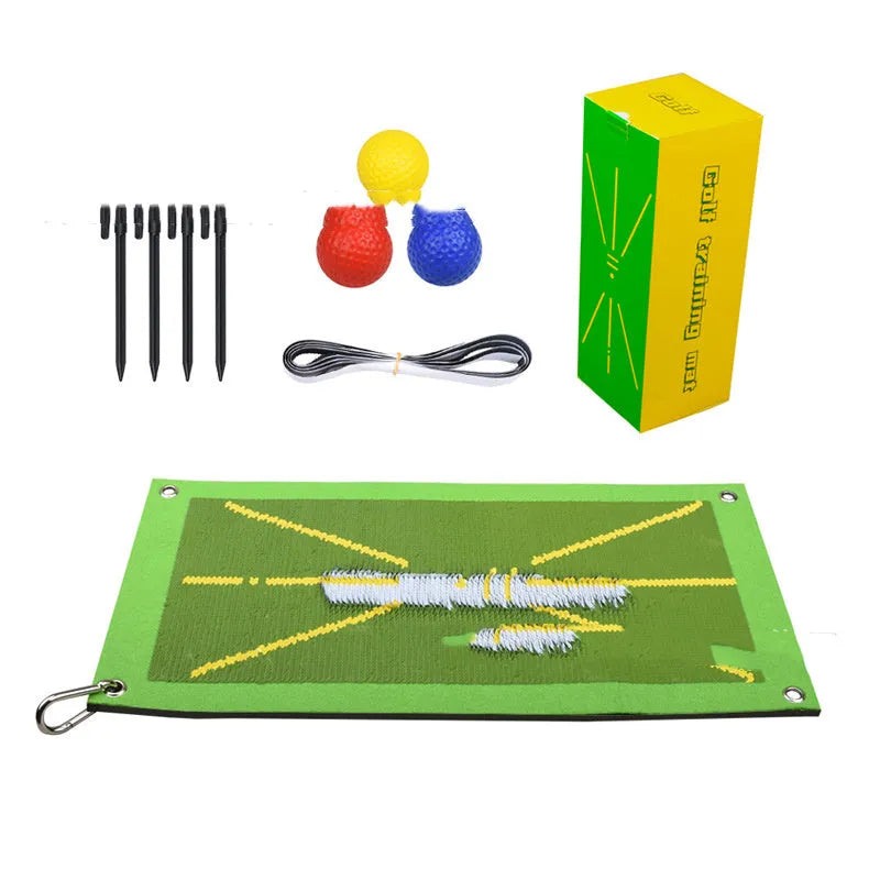 Indoor golf practice cutting pad with crystal swan suede surface and three rainbow balls on SBR base