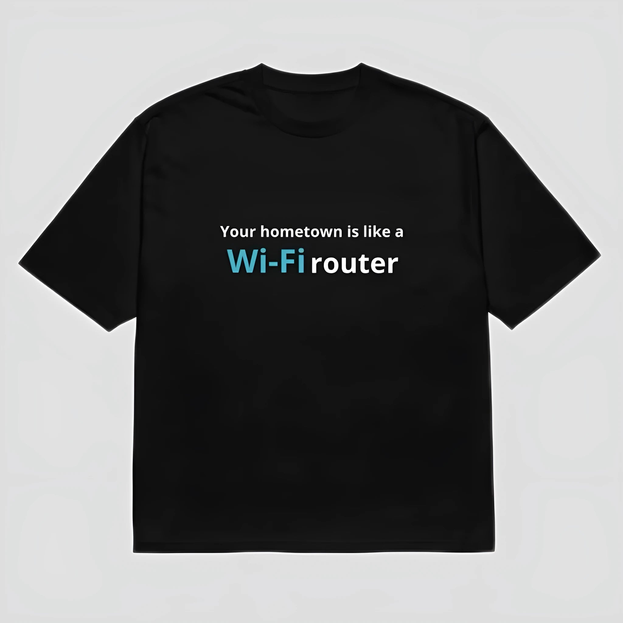 Man's black loose-fit t-shirt featuring a colourful 3D digital cartoon print on the front.