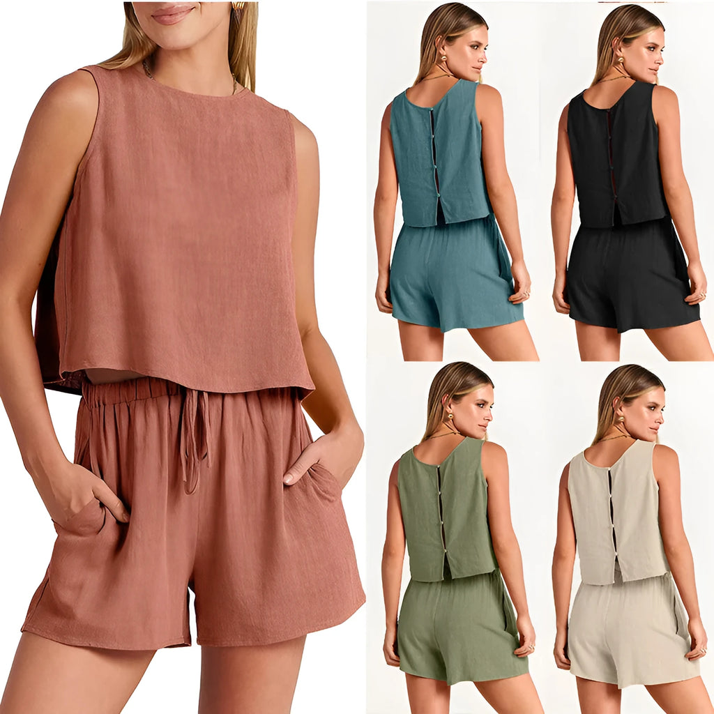 Women's apricot colour summer set with sleeveless top and drawstring shorts on a hanger.