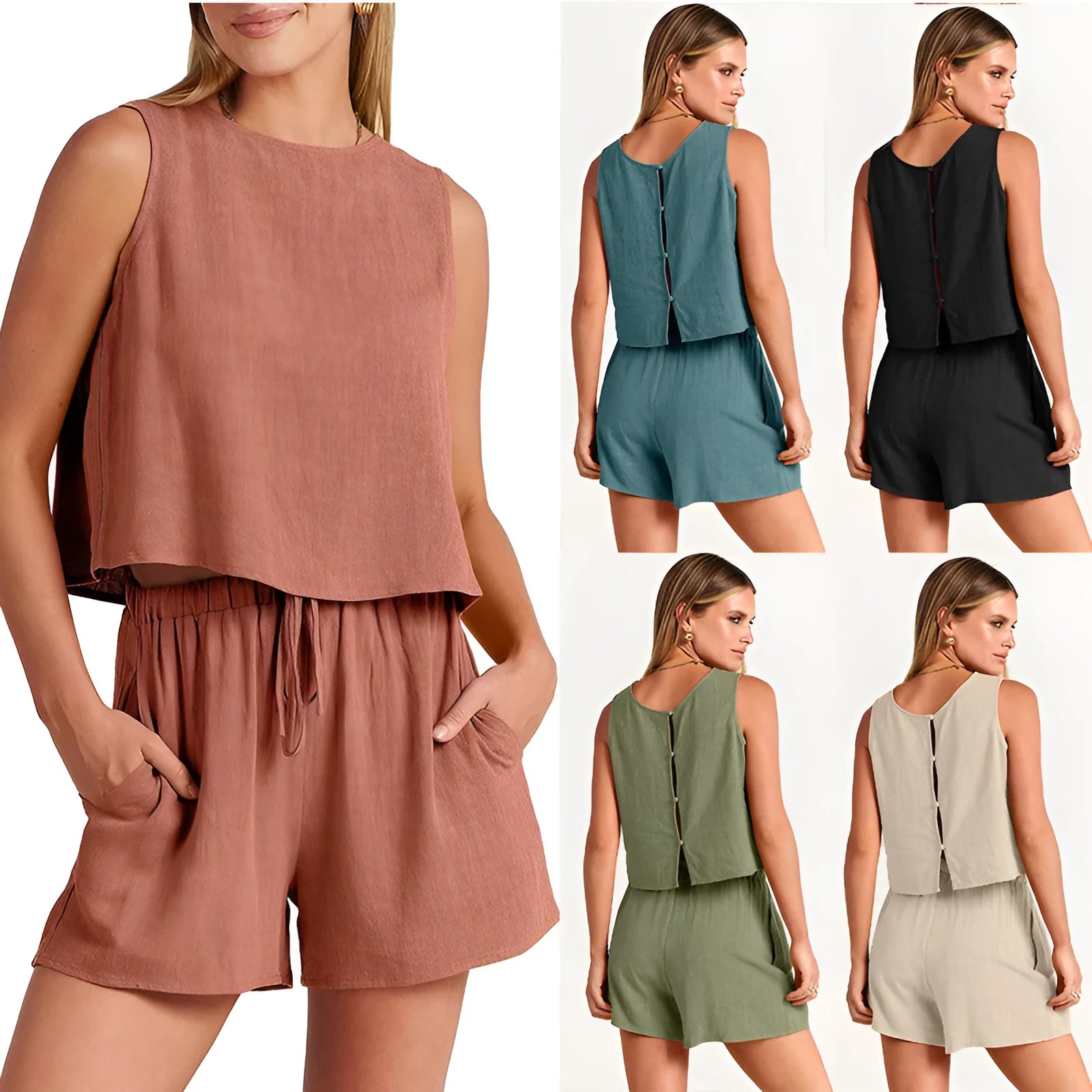 Women's apricot colour summer set with sleeveless top and drawstring shorts on a hanger.