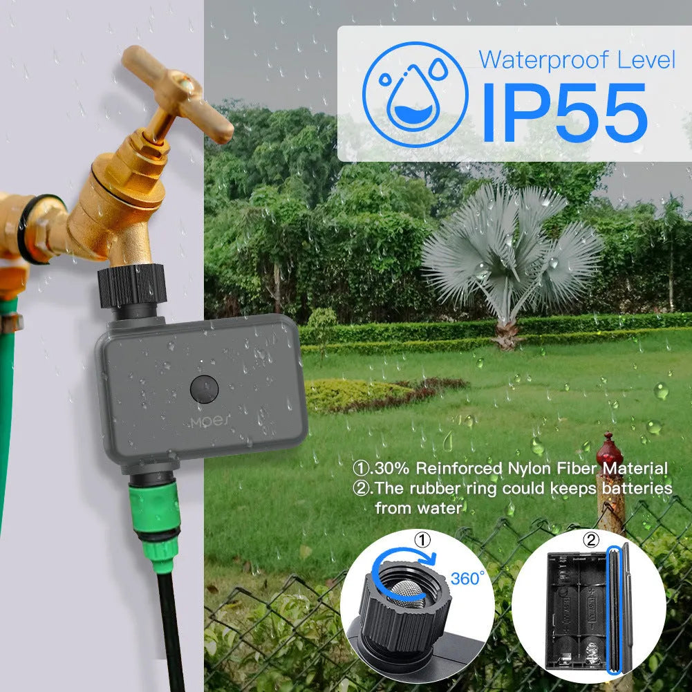 Bluetooth smart garden water timer with digital display connected to a garden hose