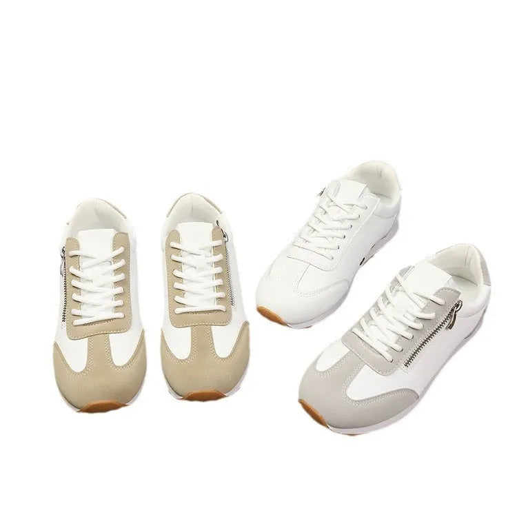 Women's flat-heeled shoes in champagne, grey, and white with artificial PU uppers and rubber soles
