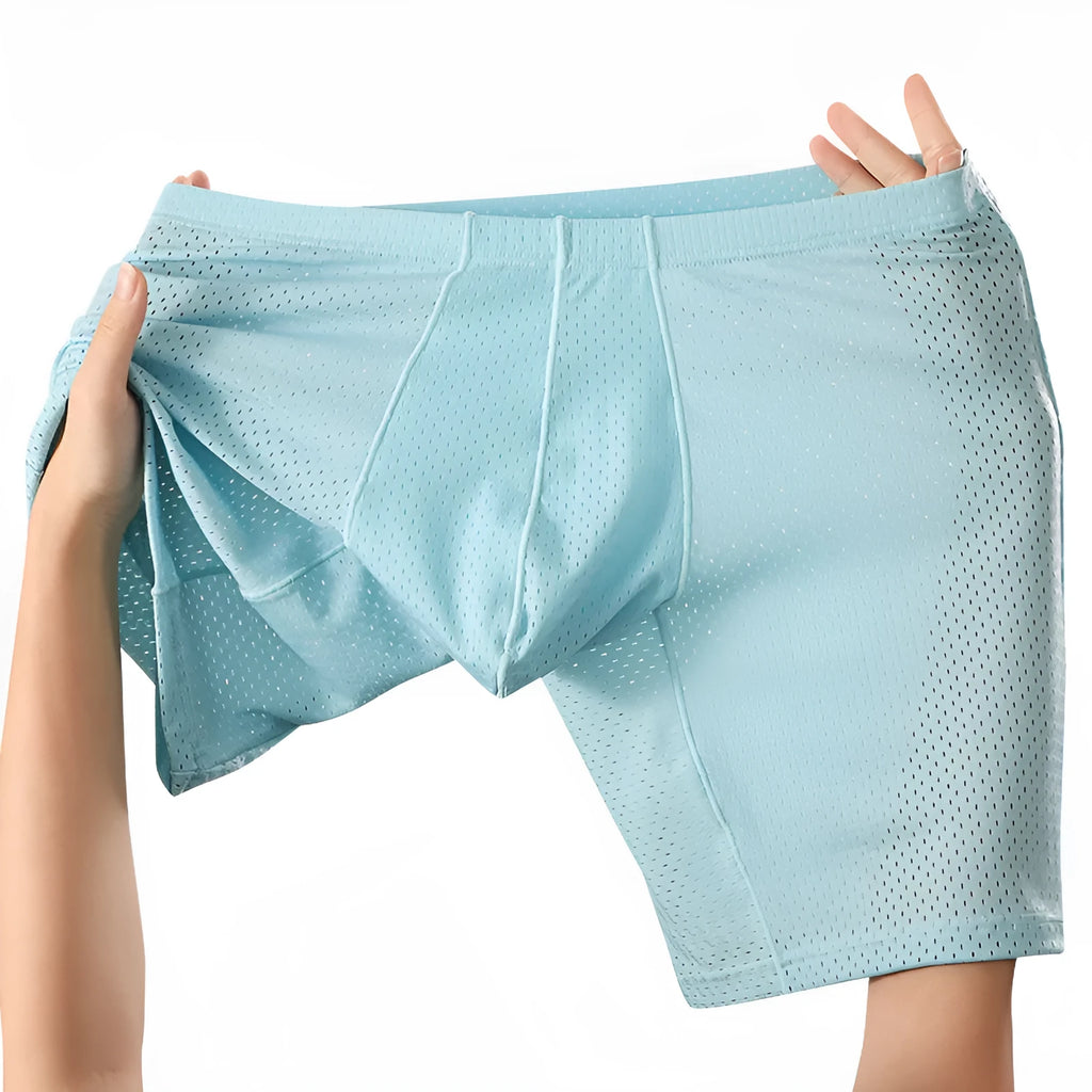 Men's mesh transparent lengthened boxers in black, mid waist nylon knit sports underwear