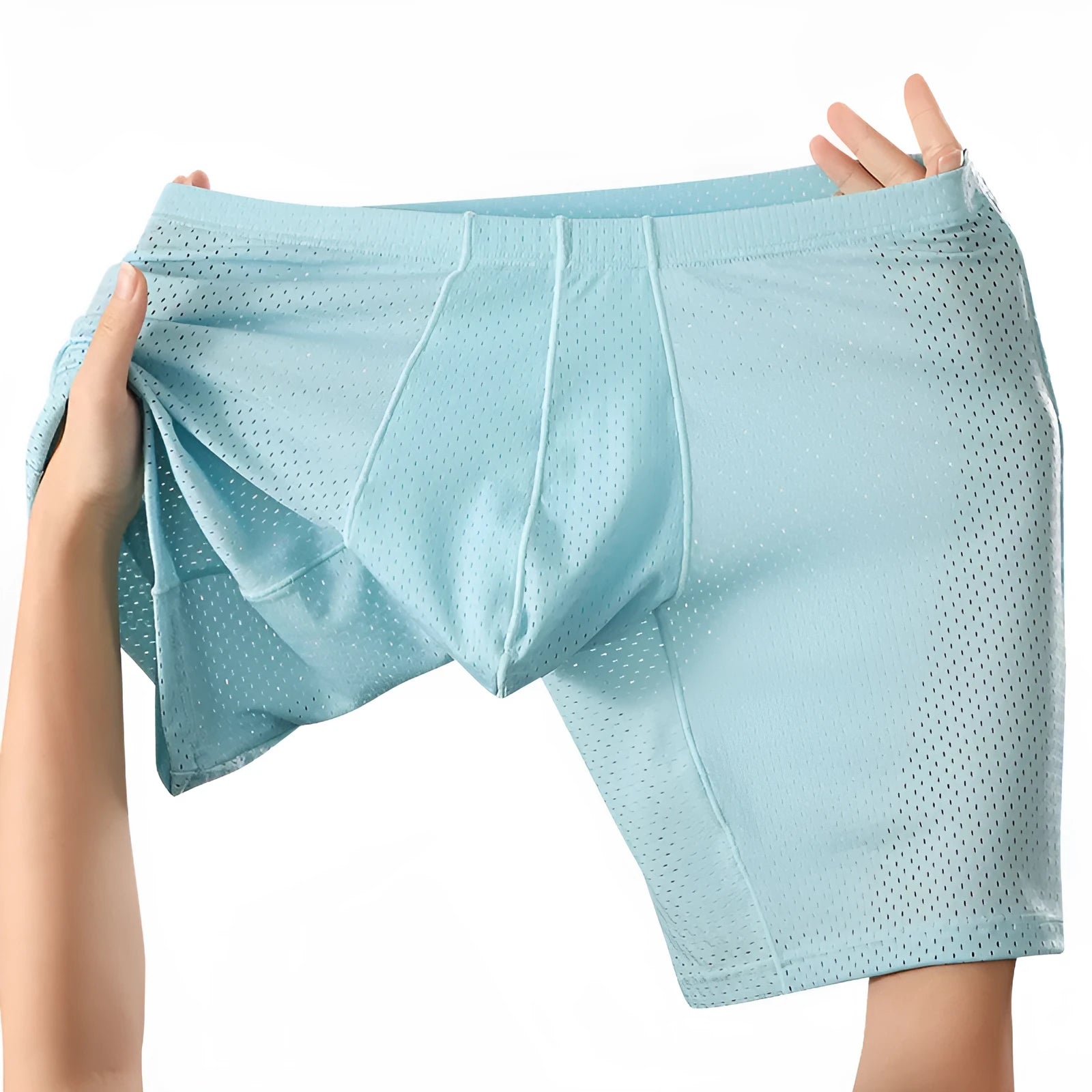 Men's mesh transparent lengthened boxers in black, mid waist nylon knit sports underwear