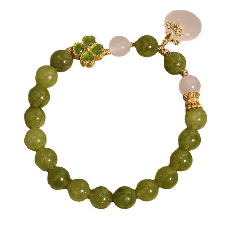 Women's green tourmaline bracelet with four-leaf clover charm and safety buckle in new Chinese style