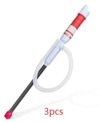 Blue manual hand siphon pump for transferring fuel and oil to small engines.