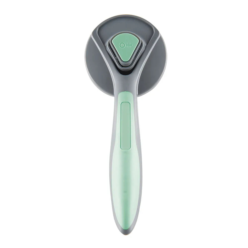 Grey, green, or pink self-cleaning slicker brush for grooming cats and dogs on a white background