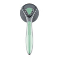 Grey, green, or pink self-cleaning slicker brush for grooming cats and dogs on a white background